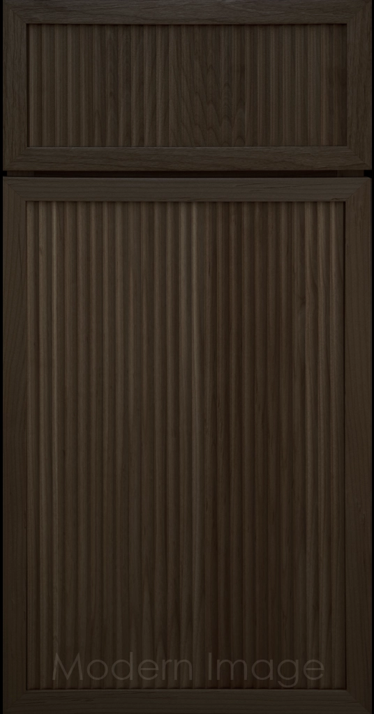 Modern kitchen featuring Arcadia Cove Cocoa stained cabinets with narrow frames and fluted center panels